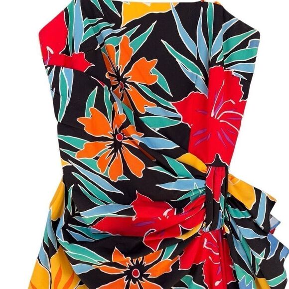 Vintage Tropical Flower Sheath Silhouette Smocked Dress Sz 6 Ruched Chunk Straps - Picture 4 of 9